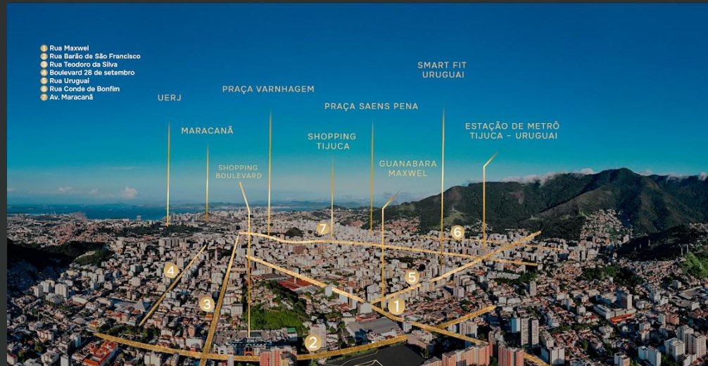 Mapa aéreo da região da Grande Tijuca com principais pontos de referência próximos ao empreendimento
