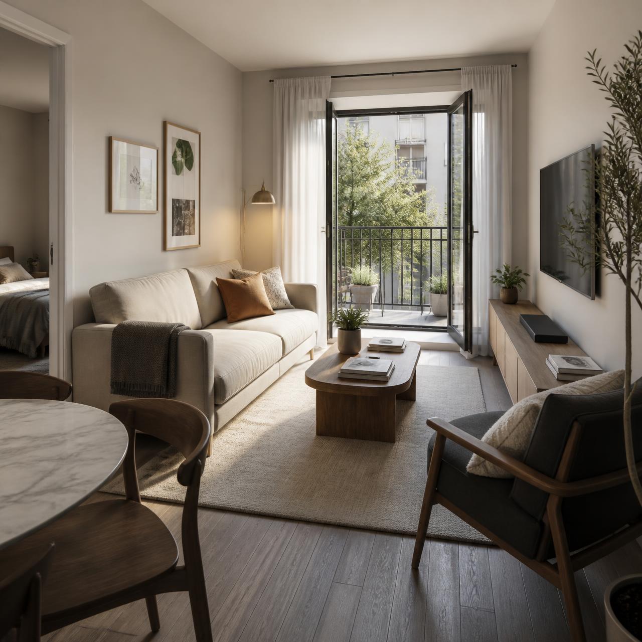 Render da sala de estar com varanda de um apartamento do Città Riva Gran Tijuca